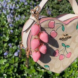 Pink Pearl Heart Strawberry Cluster Charm Coquette Cute Kawaii Bag Purse Charm